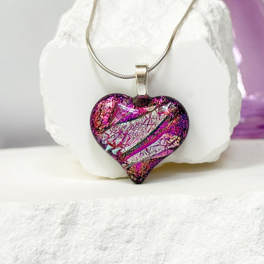 Variegated Heart Dichroic Fused Glass Necklace - 4671