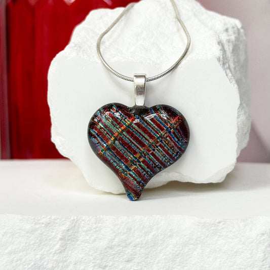 Structured Heart Dichroic Fused Glass Necklace - 4677