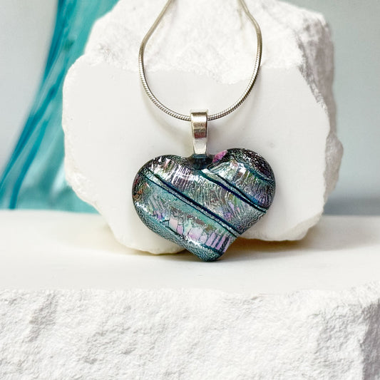 Soft Heart Dichroic Fused Glass Necklace - 4678