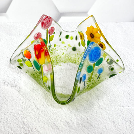 Flower Field Fused Glass Votive Candle Holder - 4701