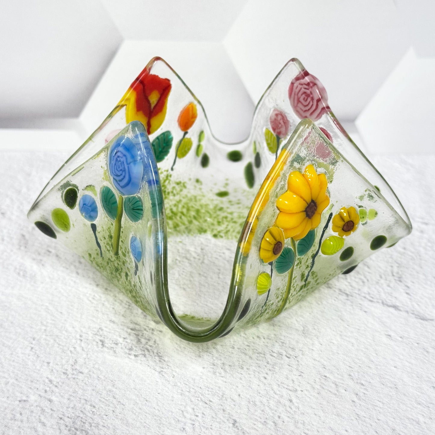 Flower Field Fused Glass Votive Candle Holder - 4701