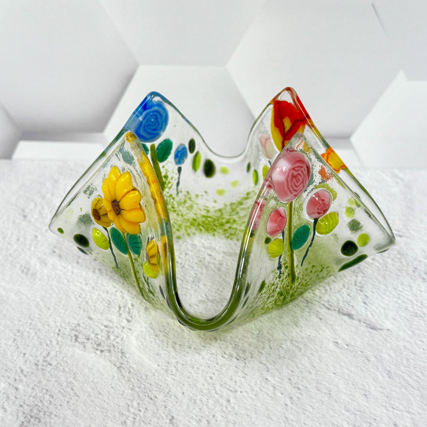 Flower Field Fused Glass Votive Candle Holder - 4701