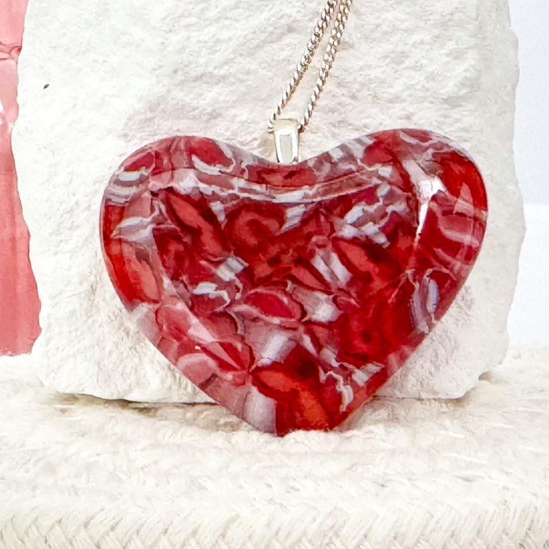 Pink Petals Fused Glass Heart Necklace - 4828