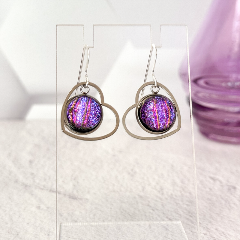 Modern Open Heart Dichroic Fused Glass Earrings - 4843
