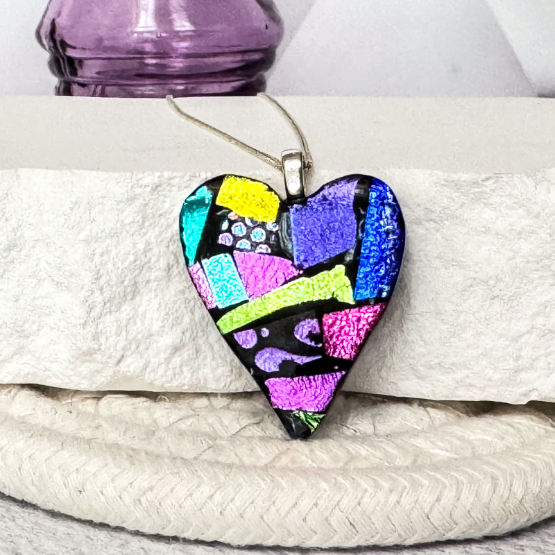 Mosaic Heart Dichroic Fused Glass Necklace - 4848