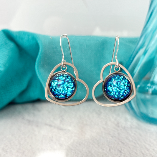 Open Heart Dichroic Fused Glass Earrings - 4866