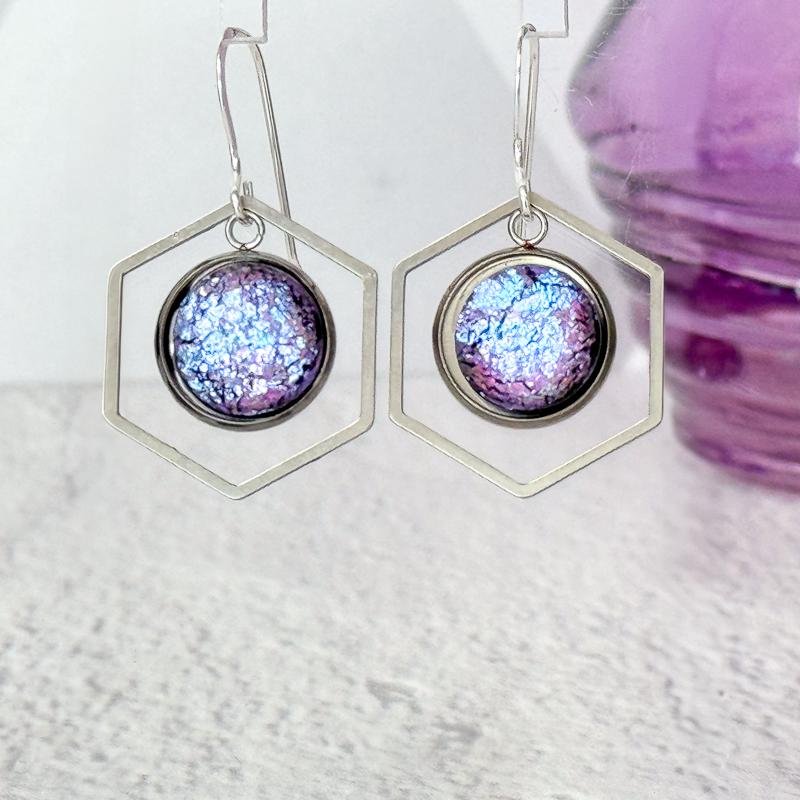 Open Hexagon Dichroic Fused Glass Earrings - 4886