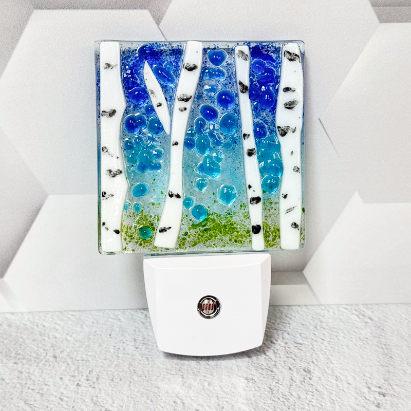 Blue Sky Birch Tree Fused Glass Nightlight-5003