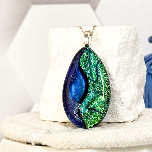Yin Yang Teardrop Dichroic Fused Glass Necklace-5106