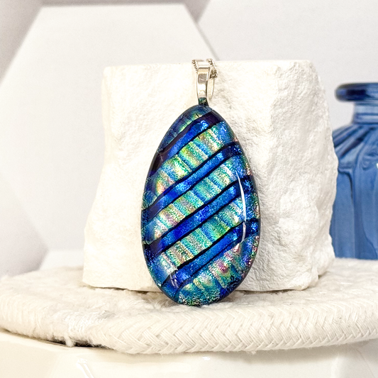 Layered Stripes Teardrop Dichroic Fused Glass Necklace-5109
