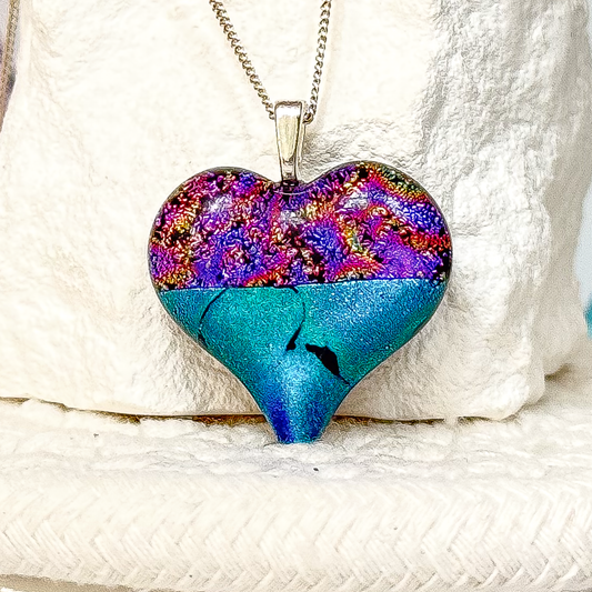 Halvsies Heart-Shaped Dichroic Fused Glass Necklace-5141