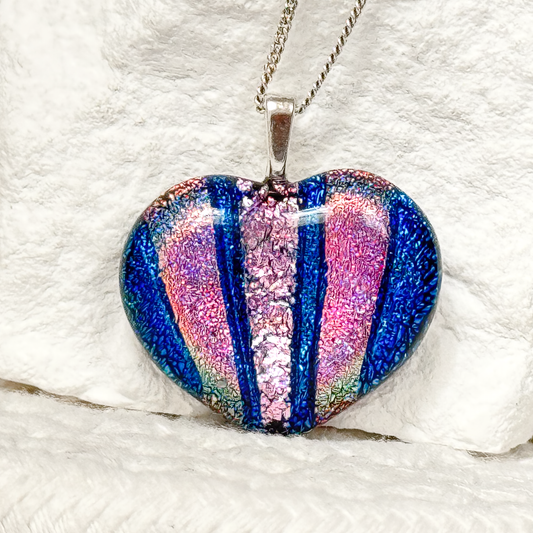 Striped Heart Dichroic Fused Glass Necklace-5158
