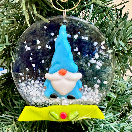 Gnome Snow Globe Fused Glass Ornament - 9466