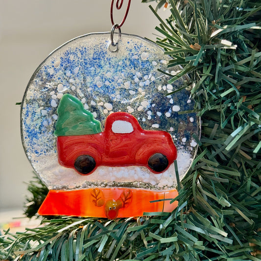 Red Truck Snow Globe Fused Glass Ornament - 9467