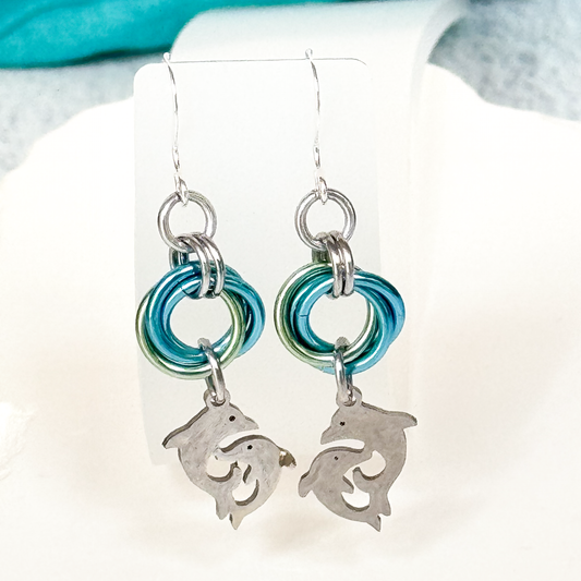 Double Dolphin Chaimail Earrings-9695