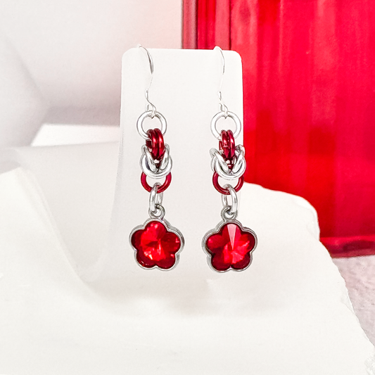 Red Flower Chainmail Earrings-9699