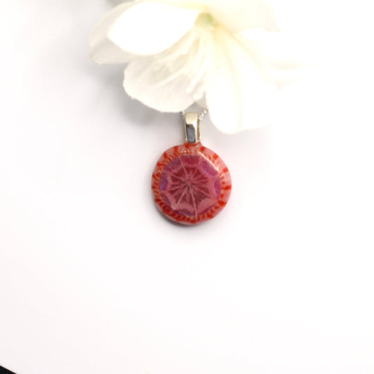 Red Flower Fused Glass Necklace - 3643