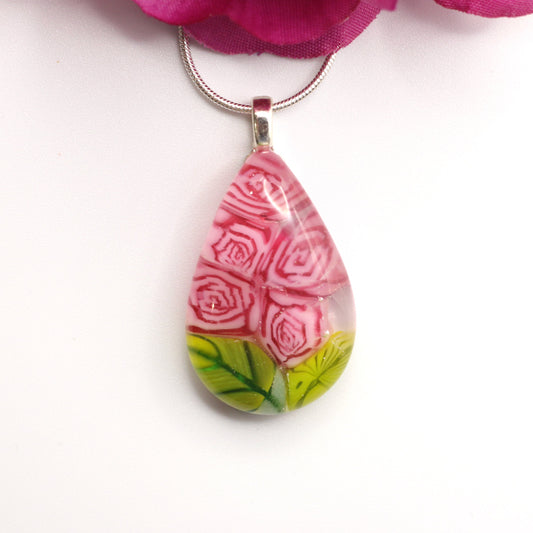 Deep Roses Fused Glass Necklace - 3671
