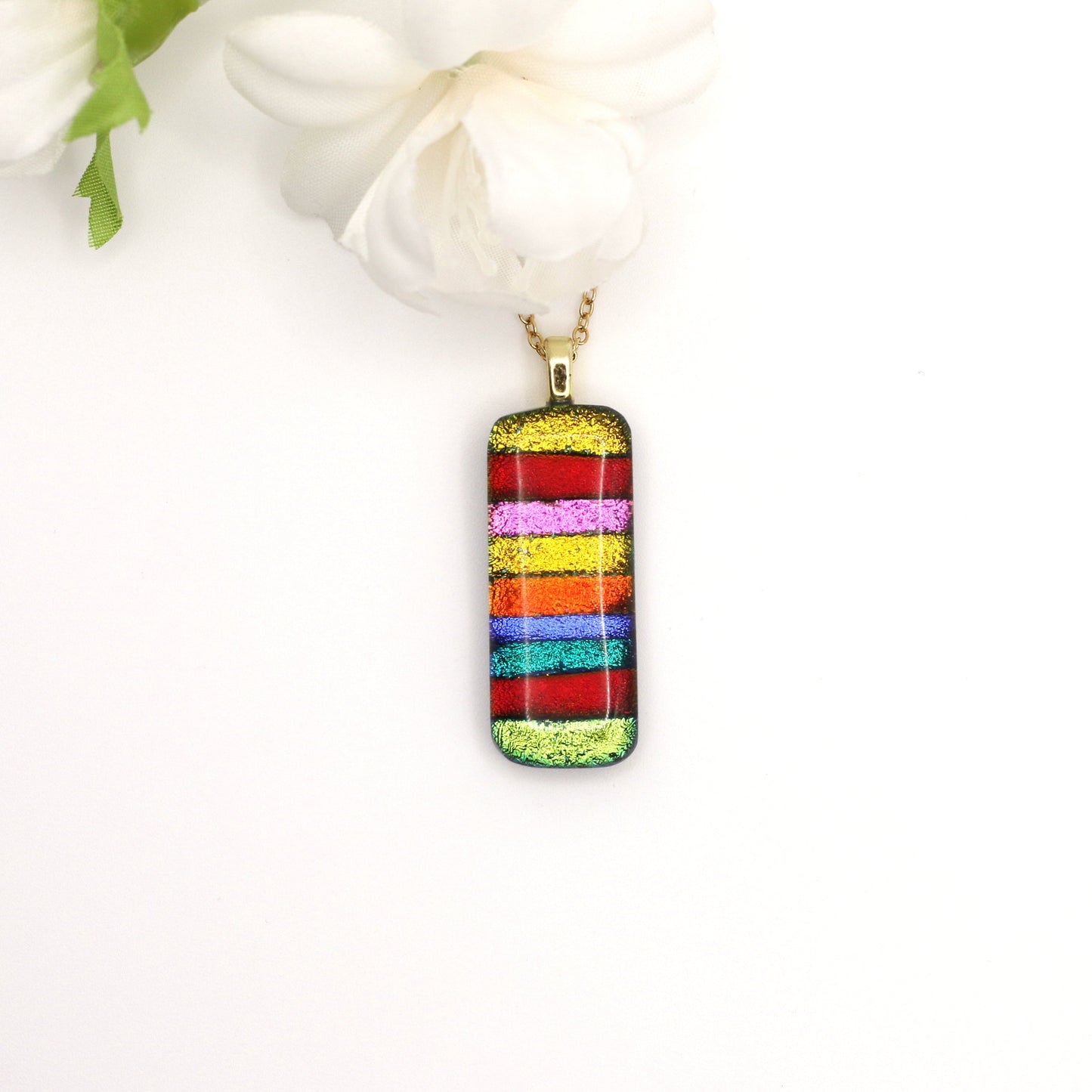 Rainbow Stripes Dichroic Fused Glass Necklace - 3678