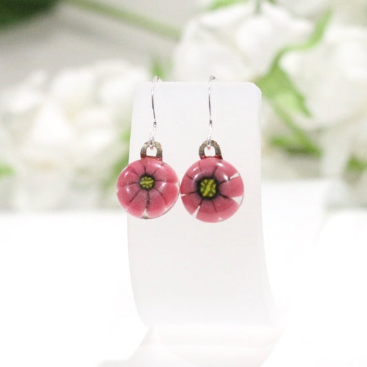 Pink Floral Fused Glass Earrings - 3753