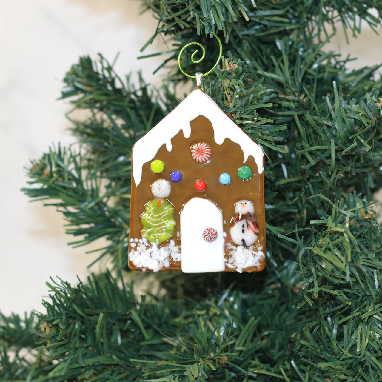 Fused Glass Gingerbread House Ornament - 3884
